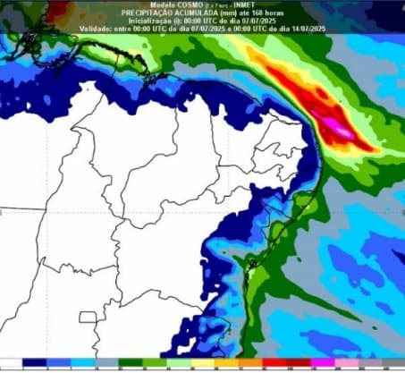 Acumulado de chuva entre os dias 07 e 13/07/2025 de acordo com os modelos numéricos de previsão do tempo Cosmo 7 km e ECMWF